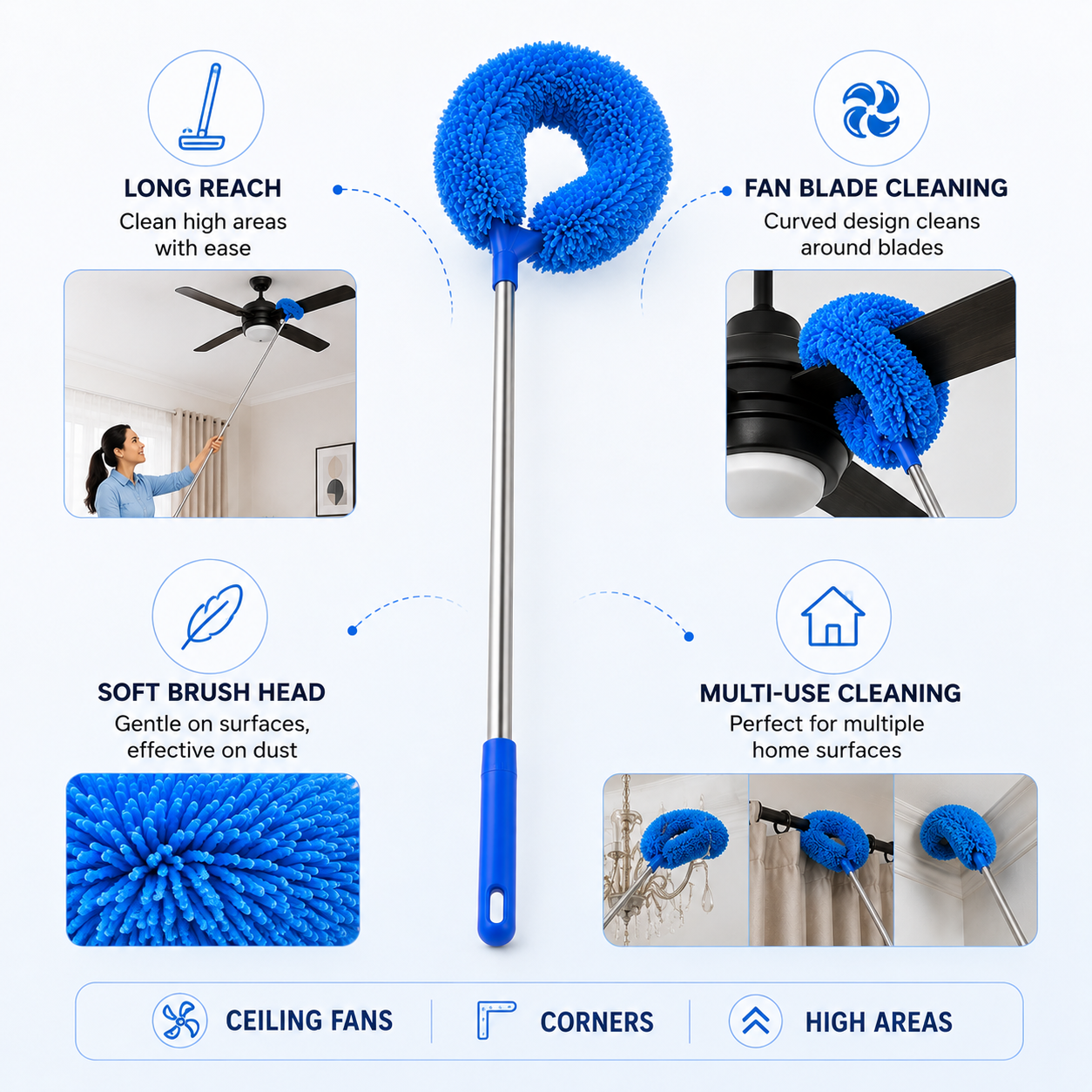 Fan Cleaner Brush with Extendable Long Rod | Microfiber Duster for Ceiling Fans, Blinds & Windows