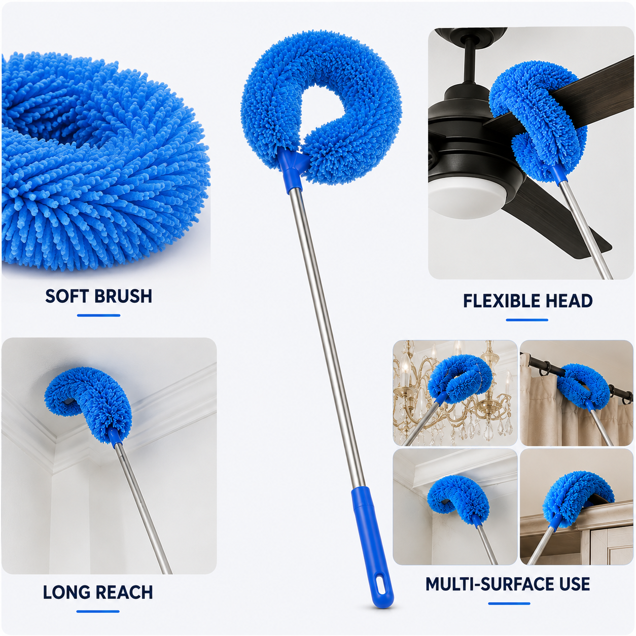 Fan Cleaner Brush with Extendable Long Rod | Microfiber Duster for Ceiling Fans, Blinds & Windows