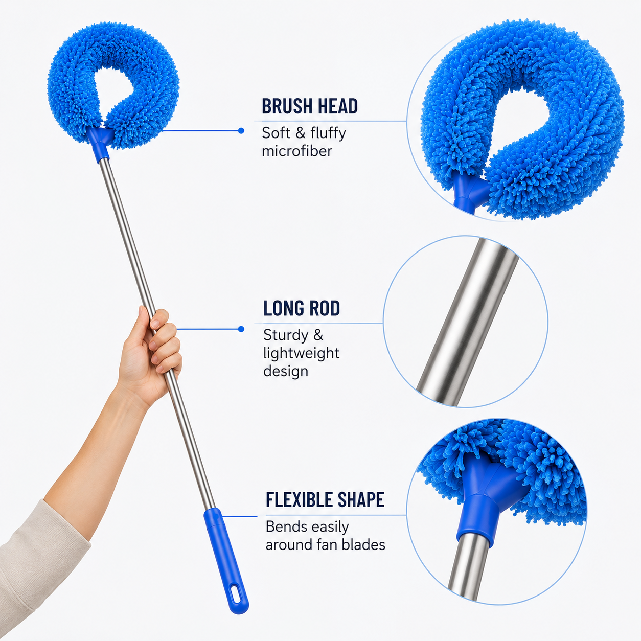 Fan Cleaner Brush with Extendable Long Rod | Microfiber Duster for Ceiling Fans, Blinds & Windows