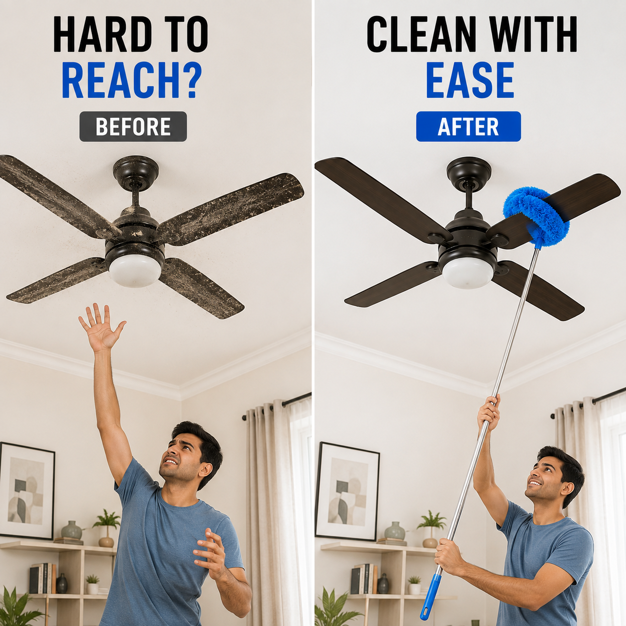 Fan Cleaner Brush with Extendable Long Rod | Microfiber Duster for Ceiling Fans, Blinds & Windows